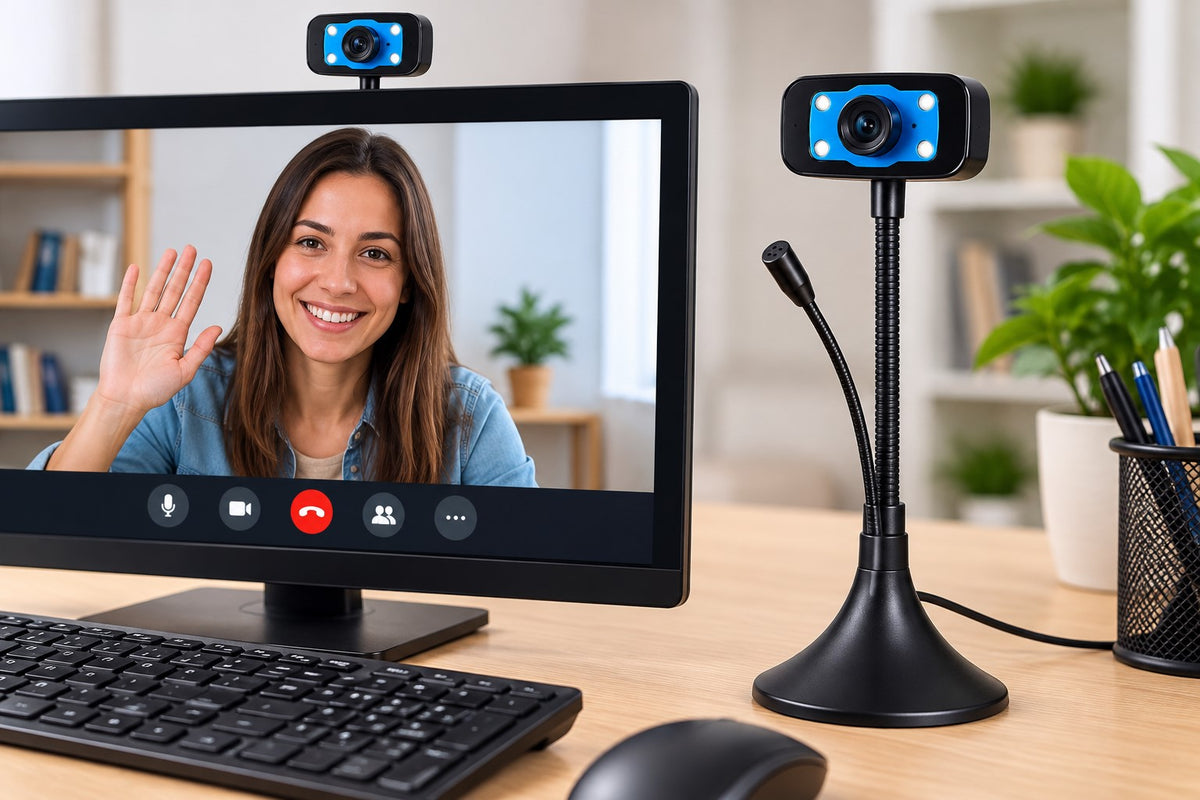 Webcam USB 480P 1MP | Cámara Web con Micrófono, Soporte Flexible 360° y Plug &amp; Play