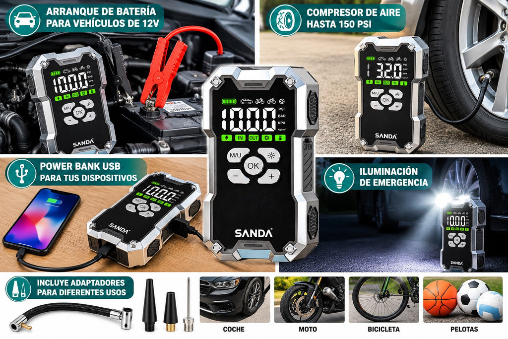 Arrancador de Batería para Coche 12V con Compresor 150 PSI | Bateria Externa Power Bank y Luz de Emergencia