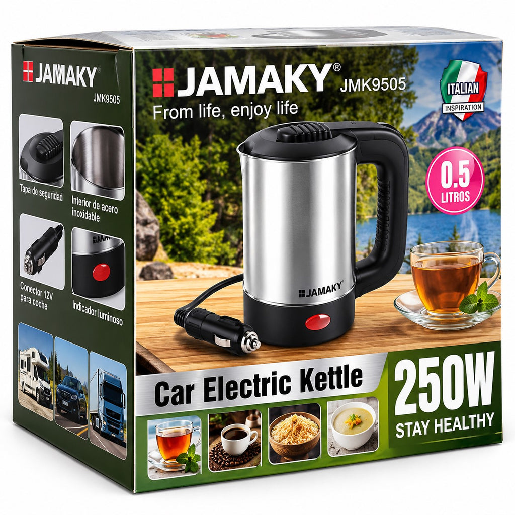 Hervidor Eléctrico para Coche 12V 250W | 0,5 L | Acero Inoxidable | Camping y Viajes