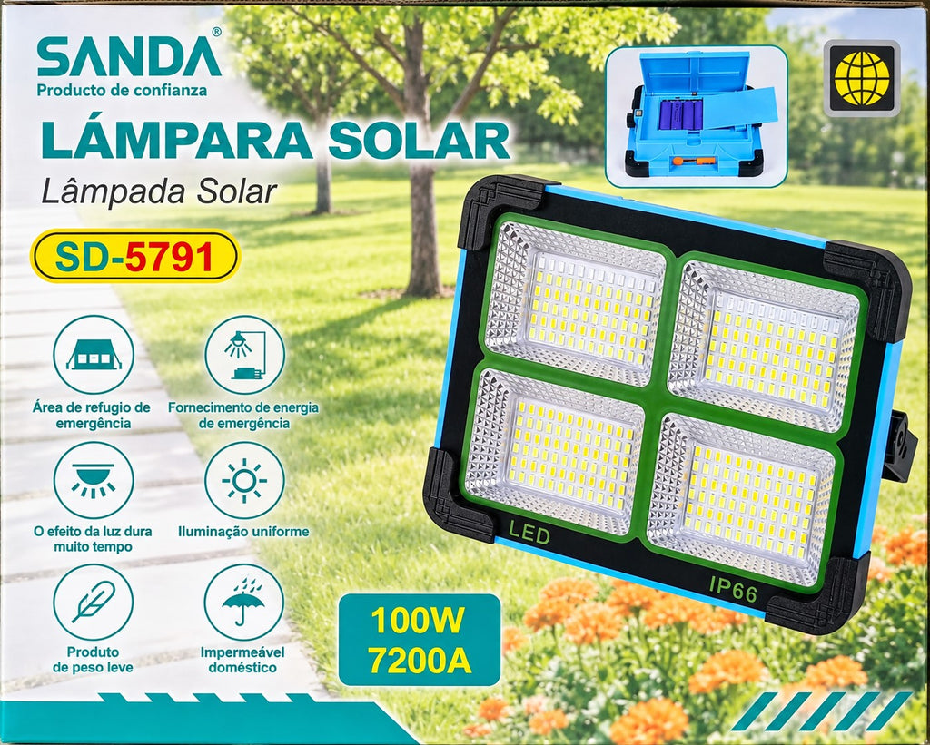 Foco Solar LED Portátil 100W | 4 Paneles LED | IP66 | Batería Recargable