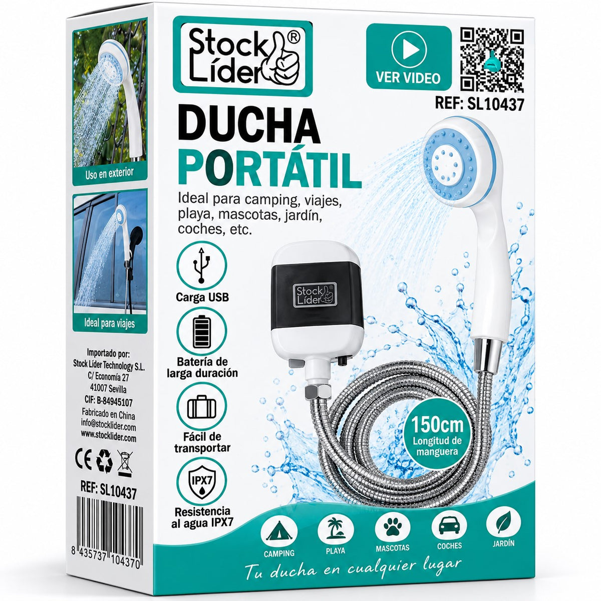 Ducha Portátil IPX7 con Bomba de Agua y Manguera de 150 cm