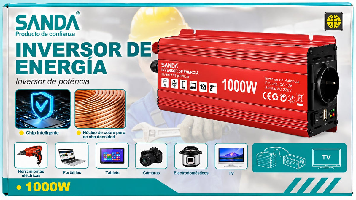 Inversor de Voltaje 1000W 12V a 230V – Onda Senoidal Modificada | USB y Pinzas para Batería