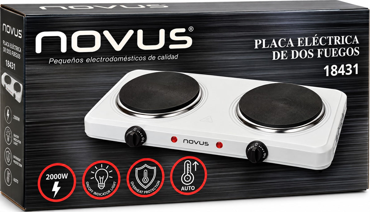 Fogon Placa Eléctrica de 2 Fuegos 2000W, 230V | Cocina Portátil con Protección contra Sobrecalentamiento
