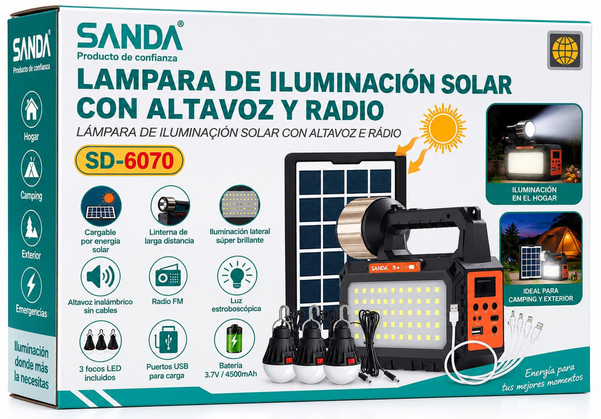 Kit Lámpara Solar Multifunción SD-6070 con Radio, Altavoz y 3 Bombillas LED | Emergencias y Apagones