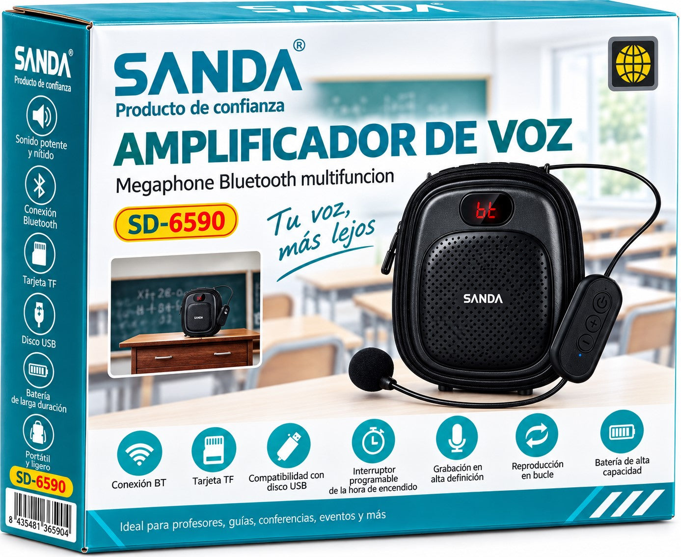 Amplificador de Voz Bluetooth con Micrófono, USB, Tarjeta TF y Grabación