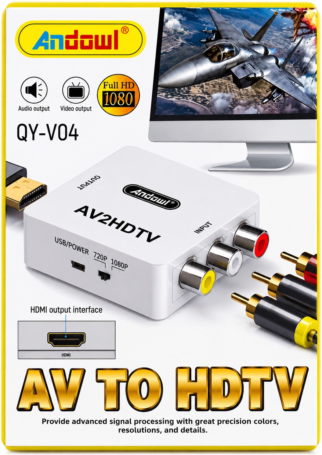 Conversor | Convertidor AV RCA a HDMI | Adaptador de Vídeo y Audio Full HD 1080p