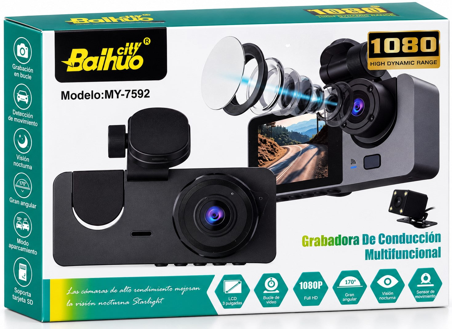 Cámara Dash Cam para Coche 1080P con Visión Nocturna, Gran Angular 170° y Cámara Trasera