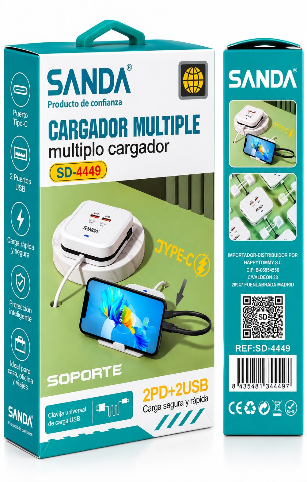 Cargador multiple 4 Puertos USB con 2 USB-C PD y 2 USB-A