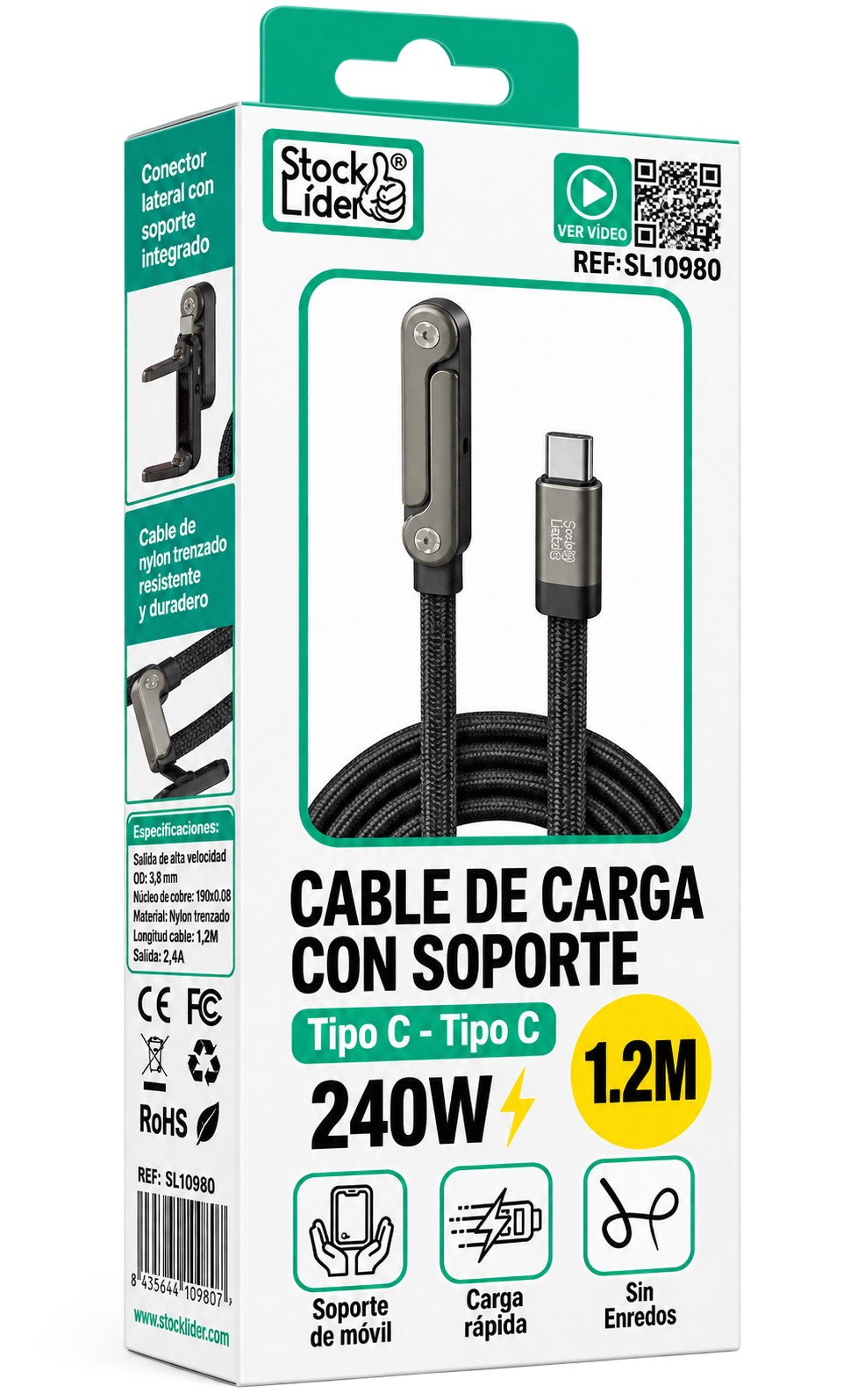 Cable USB-C Lateral con Soporte Integrado 240W – Carga Rápida | 1,2 m