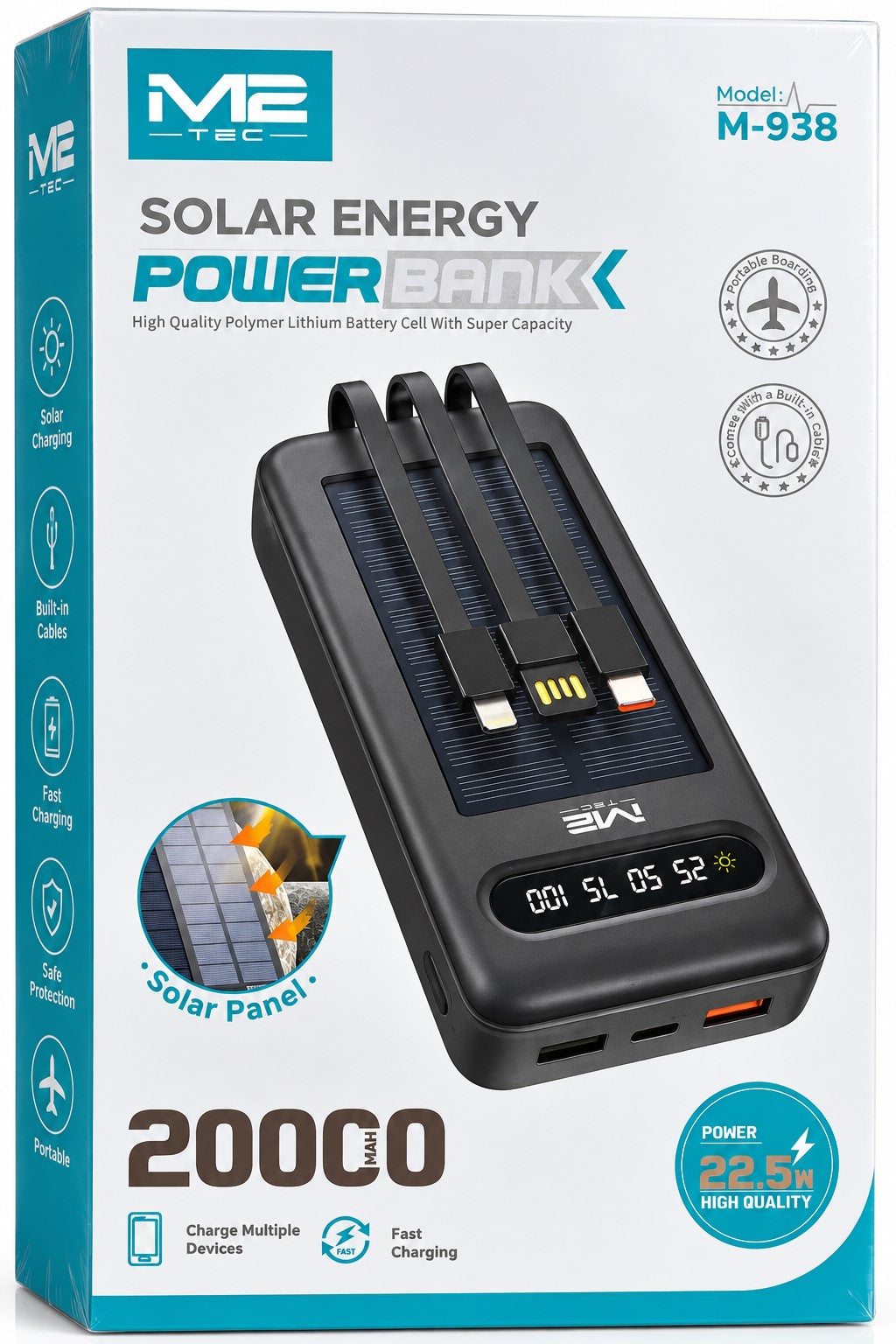 Power Bank Solar 20000mAh M2 TEC M-938 | Carga Rápida 22,5W | Cables Integrados y Pantalla LED