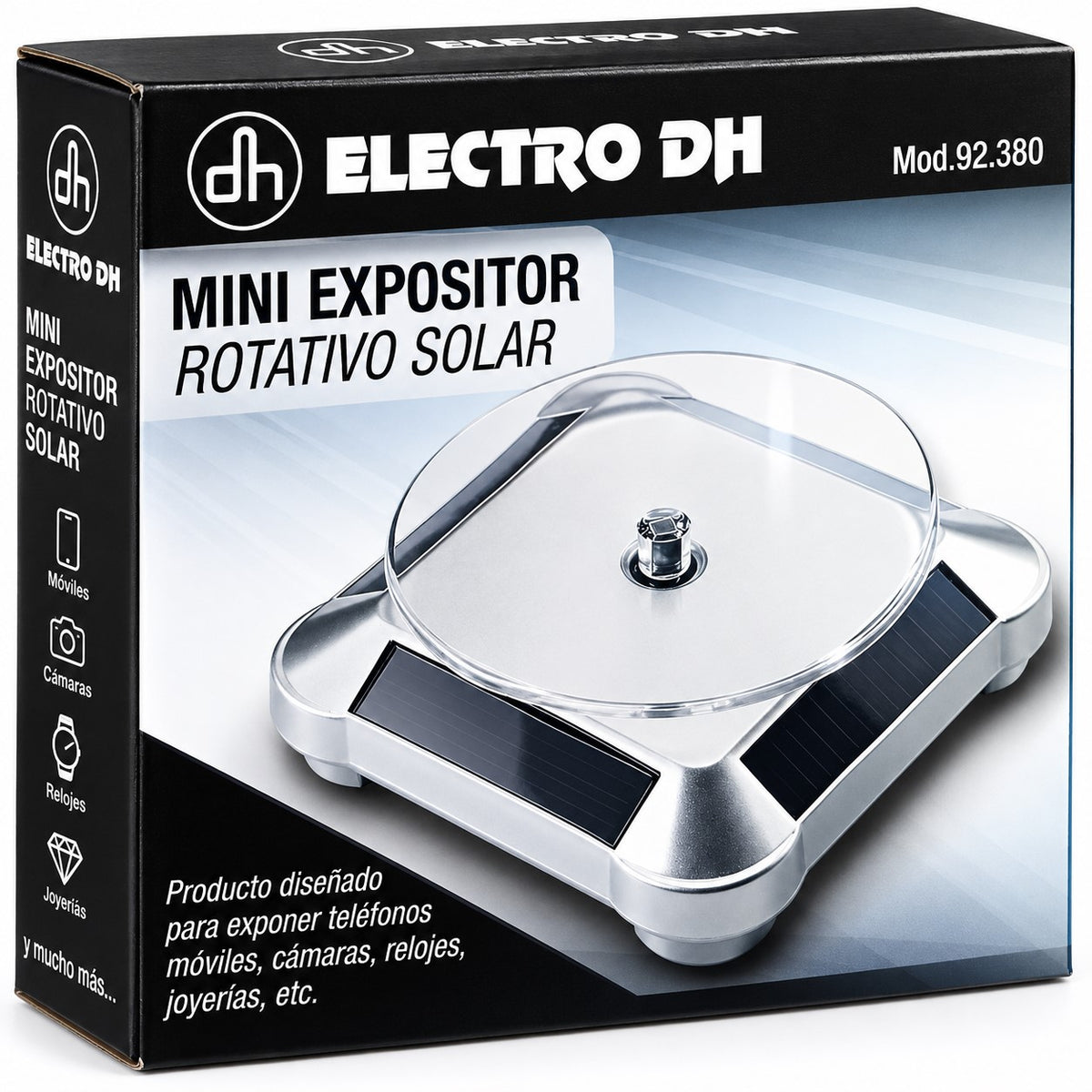 Expositor Giratorio Solar 360° para Móviles, Cámaras, Relojes y Joyería