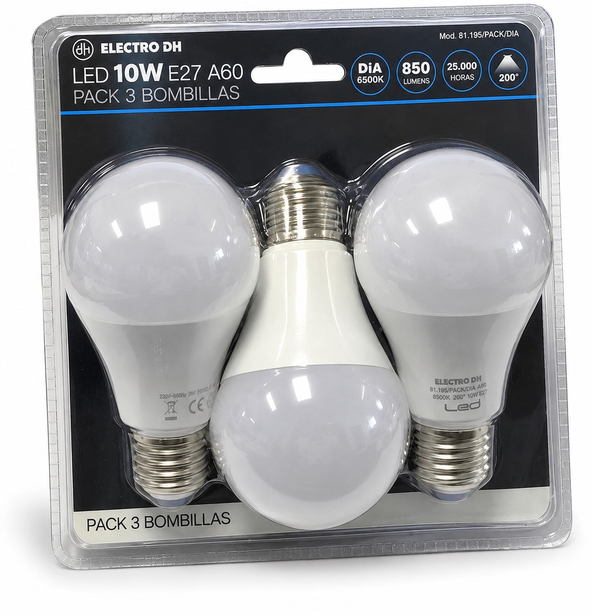 Pack 3 Bombillas LED E27 10W 6500K 850 lm A60 | Luz Día