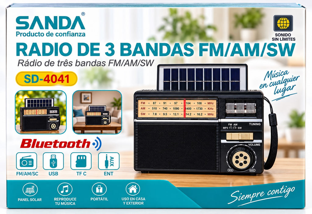 Radio Solar Portátil Bluetooth Multibanda AM/FM/Onda Corta con USB, TF y Panel