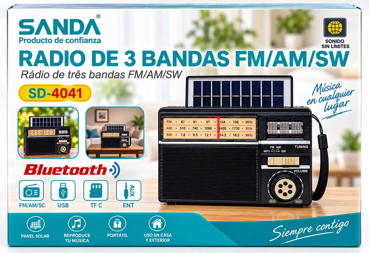 Radio Solar Portátil Bluetooth Multibanda AM/FM/Onda Corta con USB, TF y Panel