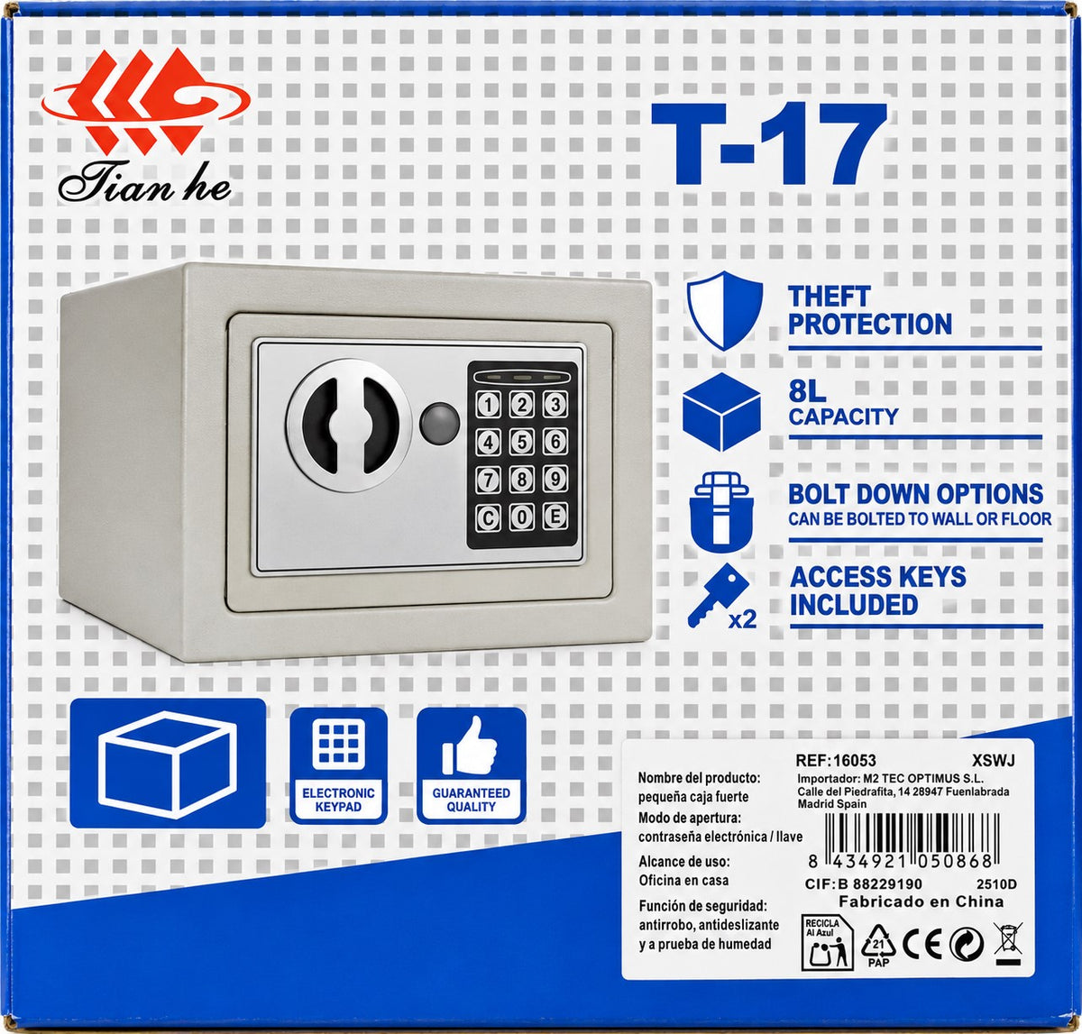 Caja Fuerte Electrónica T-17 8L | Teclado Digital + Llaves | Anclaje a Pared o Suelo