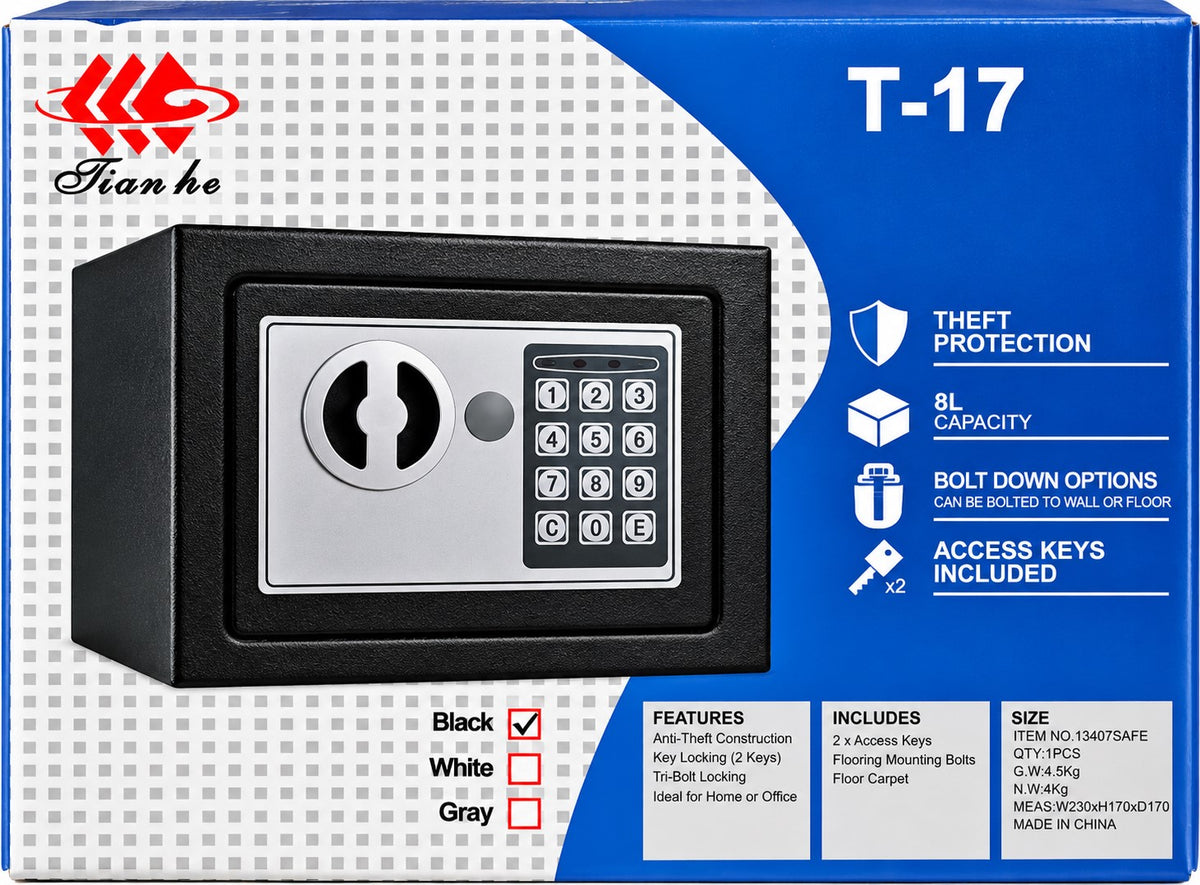 Caja Fuerte Electrónica T-17 8L | Teclado Digital + Llaves | Anclaje a Pared o Suelo
