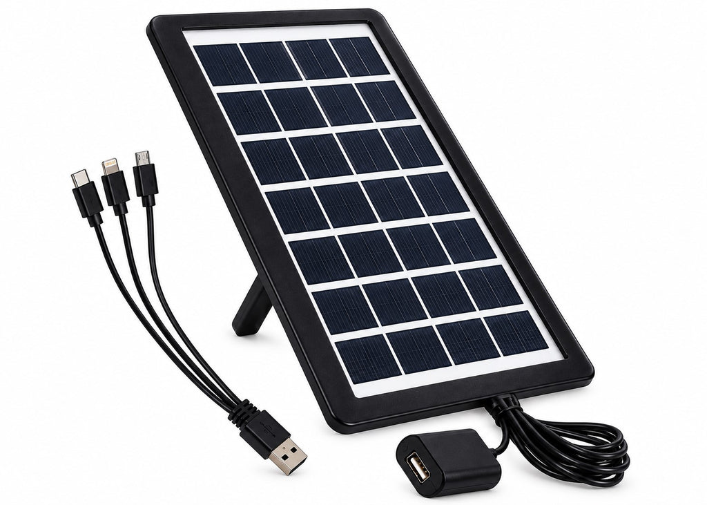 Panel Solar Portátil 6V 3,5W | Cargador USB con Soporte y Cable 3 en 1