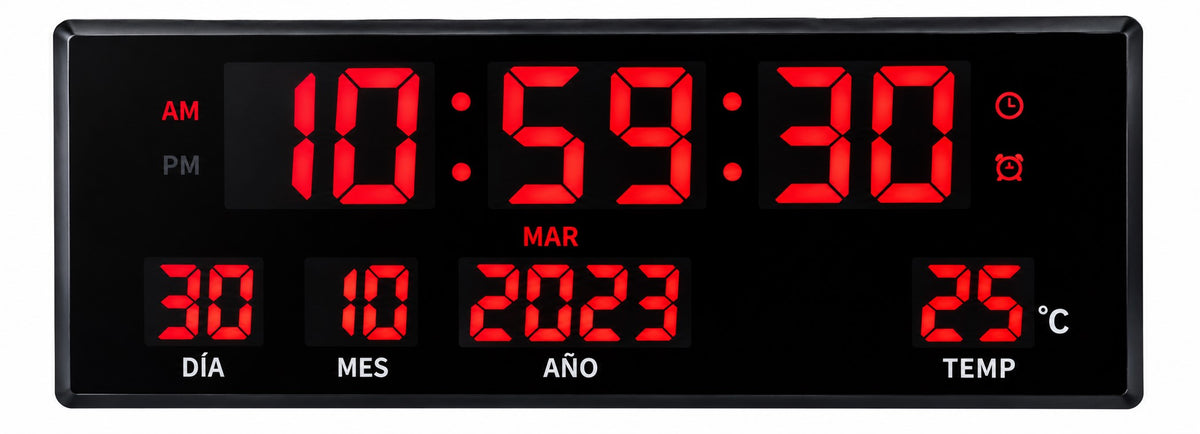 Reloj de Pared Digital LED 36 cm | Calendario, Temperatura y Alarma | Números Rojos