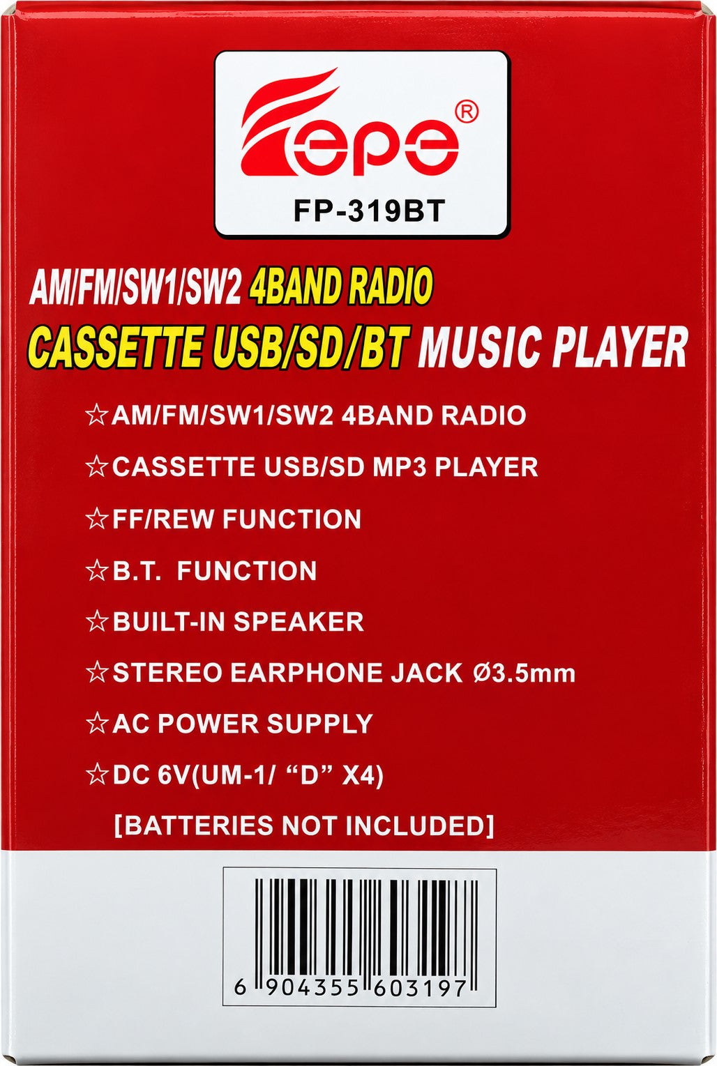 Radio Cassette Retro EPE FP-319BT | Bluetooth, USB, SD y Radio de 4 Bandas AM/FM/SW