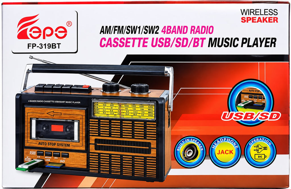Radio Cassette Retro EPE FP-319BT | Bluetooth, USB, SD y Radio de 4 Bandas AM/FM/SW