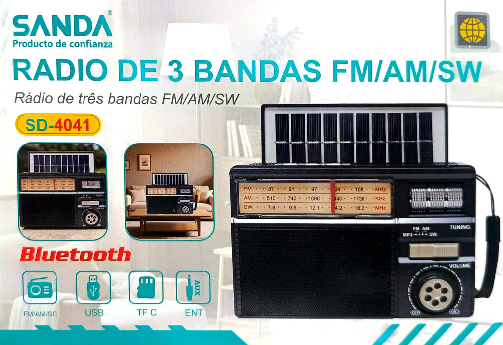 Radio Portátil Bluetooth Multibanda AM/FM/Onda Corta con USB, TF y Panel Solar
