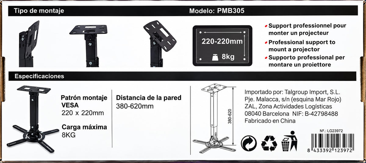 Soporte de Techo para Proyector | Extensible 38-62 cm | Hasta 8 kg