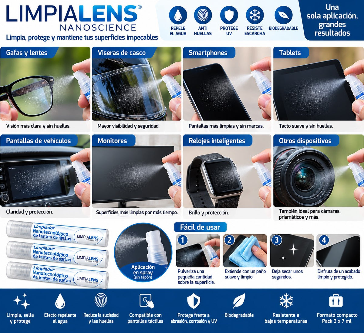 Limpia Lens | Limpiador Nanotecnológico para Cristal, Gafas y Pantallas | Pack 3 × 7 ml