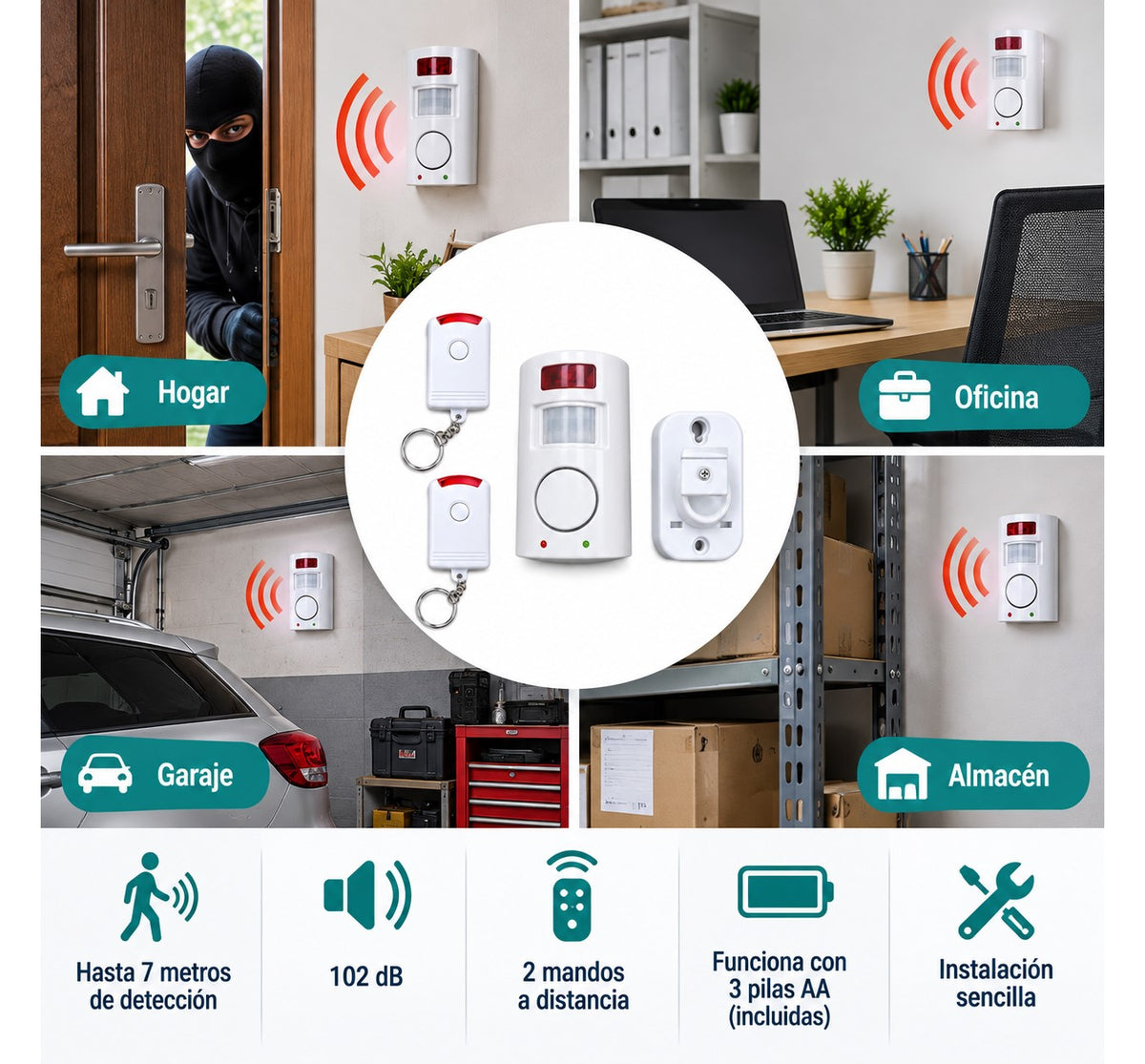 Alarma con Sensor de Movimiento | 102 dB | 2 Mandos | Interior