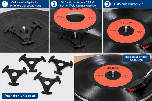 Adaptador Centrador para Discos de Vinilo 45 RPM | Pack 4 Unidades | Color Negro
