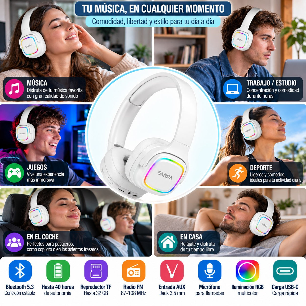 Auriculares Inalámbricos Bluetooth 5.3 | 40 Horas, RGB, FM y TF