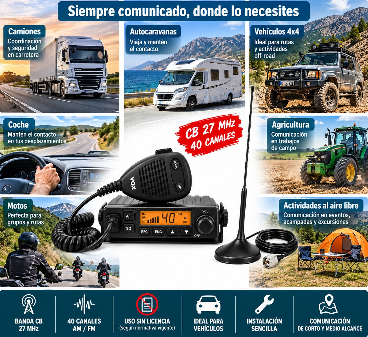 Emisora CB 27 MHz con Antena Magnética – 40 Canales AM/FM | Alimentación 12V