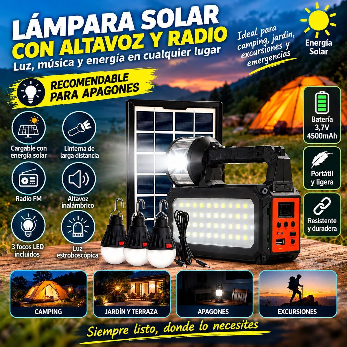 Lámpara Solar Multifunción emergencia con Altavoz y Radio | Ideal para Apagones