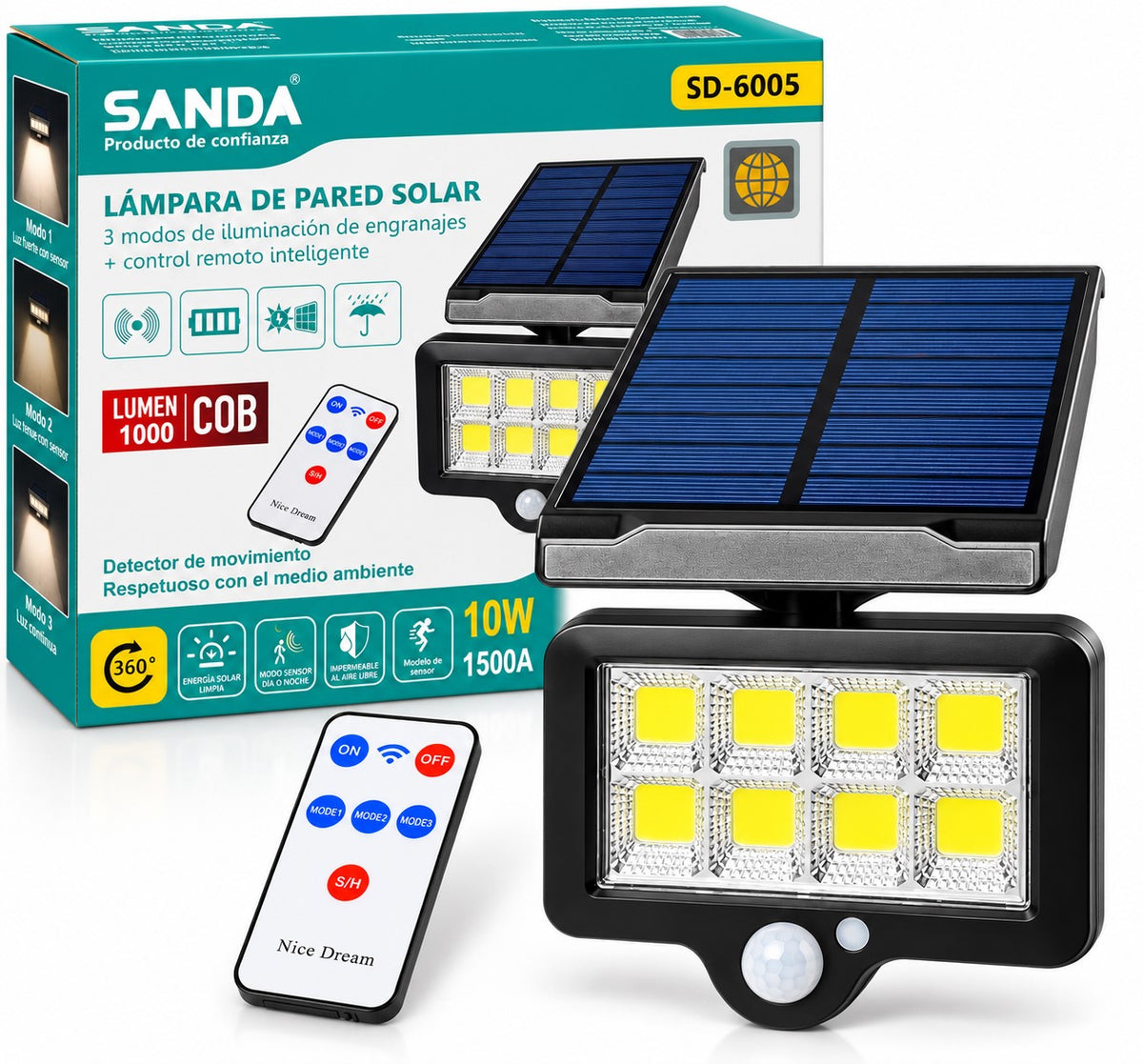 Foco Solar LED 10W 1000 lm | Sensor de Movimiento + Mando | 3 Modos
