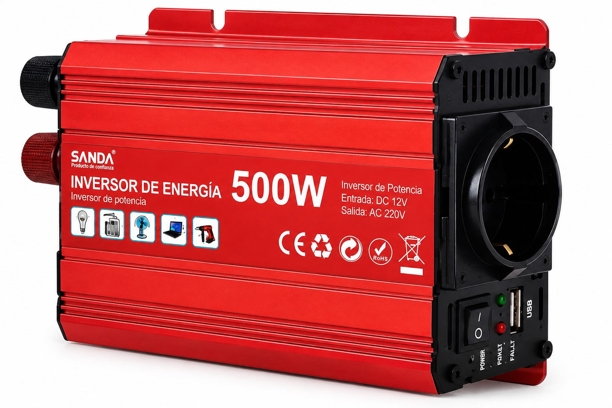 Inversor de Corriente 500W 12V a 230V | Pico 800W | USB y Pinzas de Batería