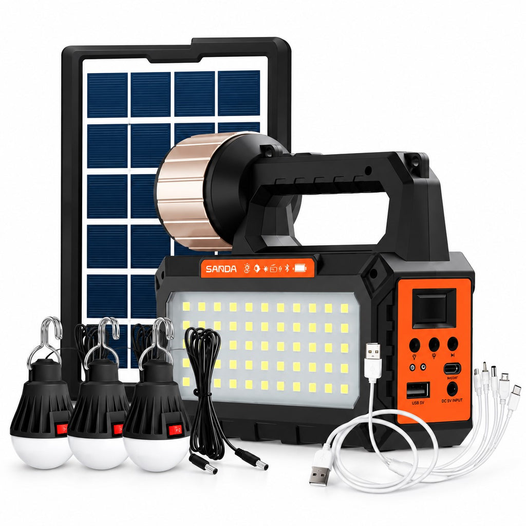 Kit Lámpara Solar Multifunción SD-6070 con Radio, Altavoz y 3 Bombillas LED | Emergencias y Apagones