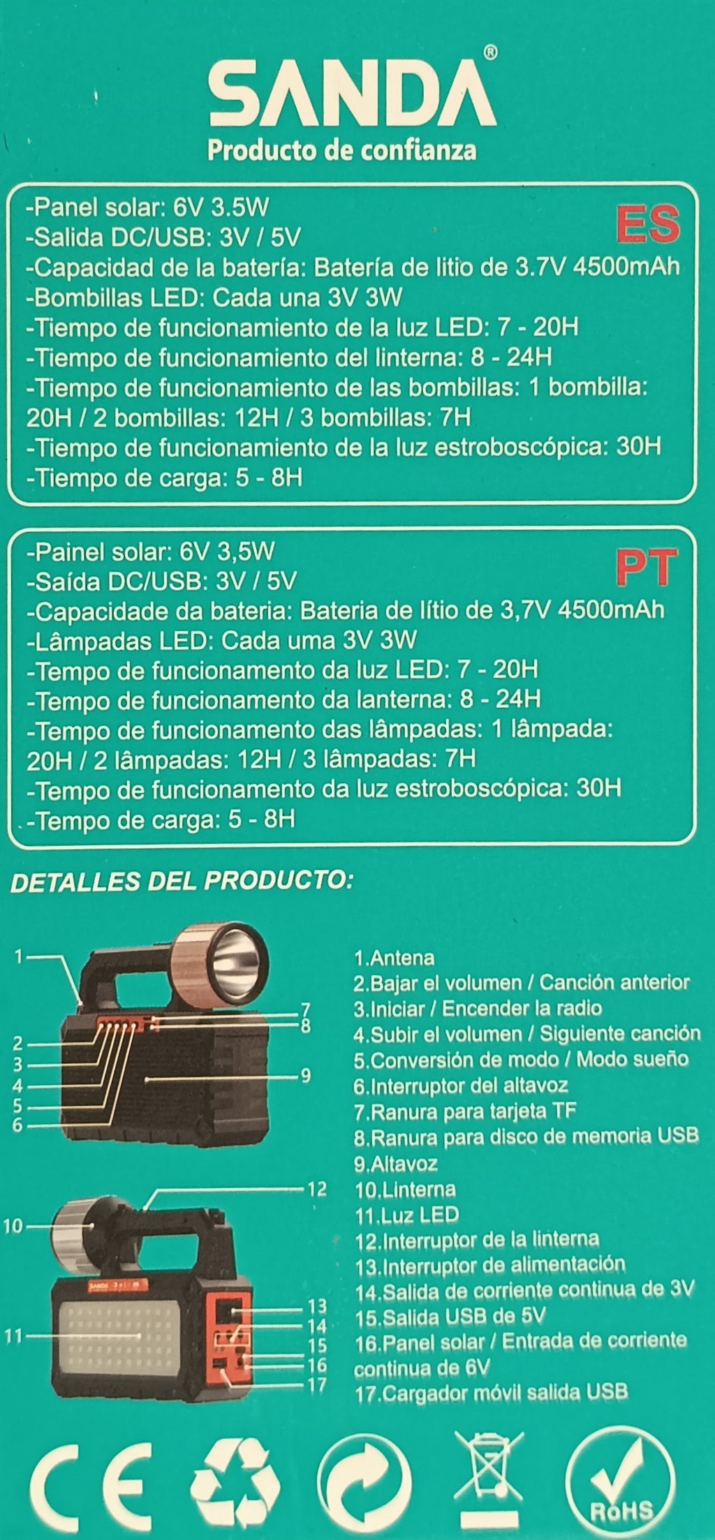 Lámpara Solar Multifunción emergencia con Altavoz y Radio | Ideal para Apagones