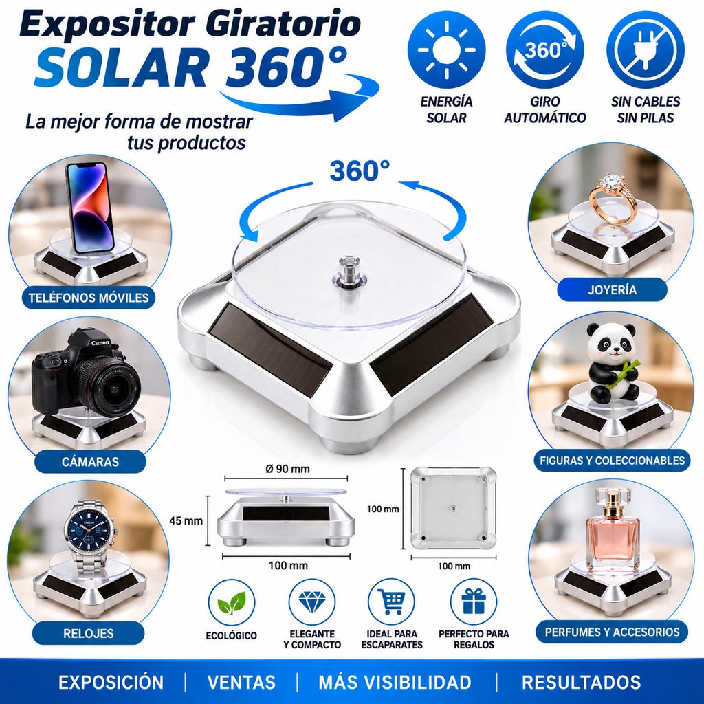 Expositor Giratorio Solar 360° para Móviles, Cámaras, Relojes y Joyería
