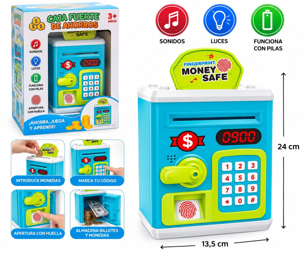 Hucha Caja Fuerte Infantil con Código y Huella | Luces y Sonidos | Money Safe