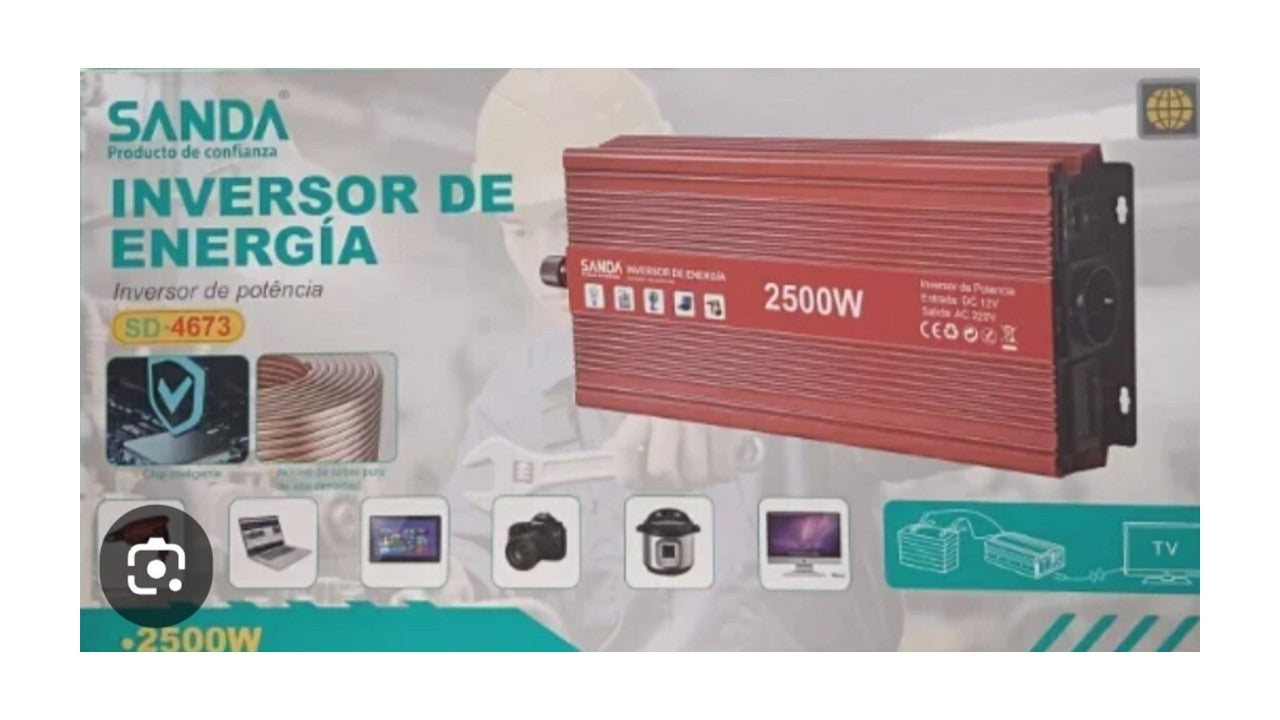 Inversor voltaje 2500 W, 12V a 230V, Pinzas conexion bateria, onda sinoidal modificada