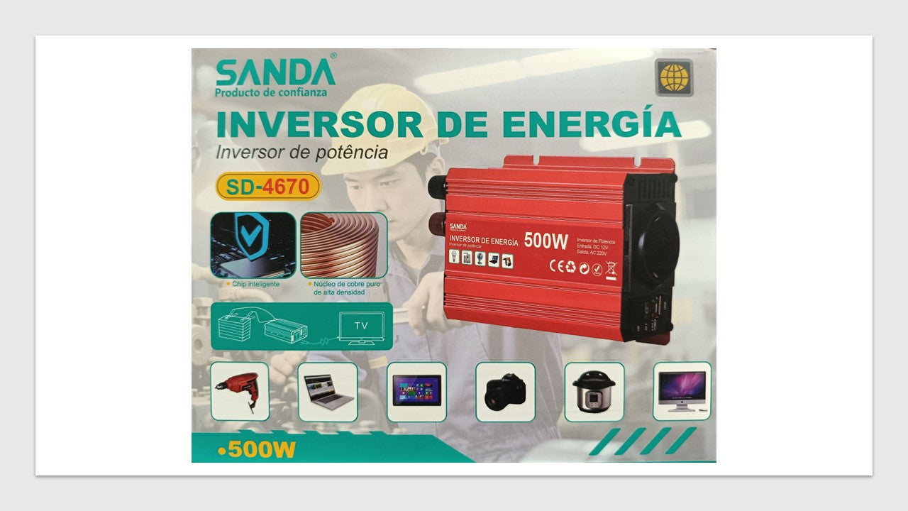 Inversor voltaje 500 W, 12V a 230V, Pinzas conexion bateria, onda sinoidal modificada