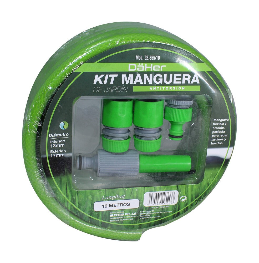 Kit manguera jardin 10m, antitorsion, accesorios, soporte