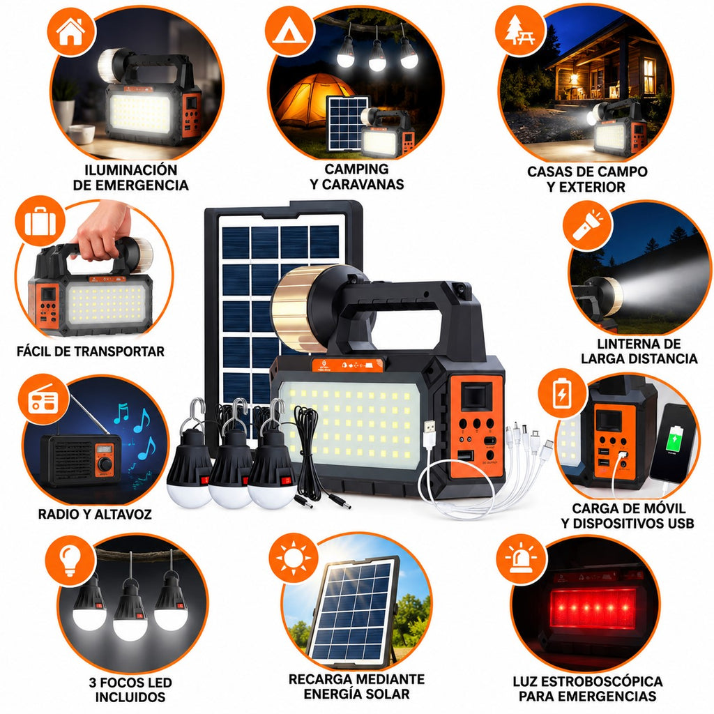 Kit Lámpara Solar Multifunción SD-6070 con Radio, Altavoz y 3 Bombillas LED | Emergencias y Apagones
