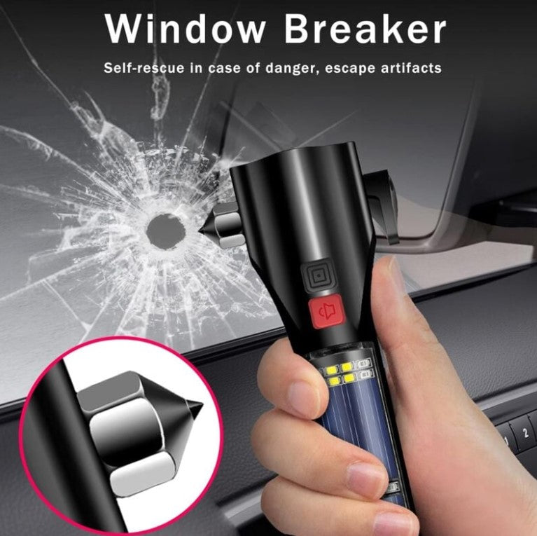 Linterna Solar, power bank, martillo y corte emergencia cinturon de vehiculo.