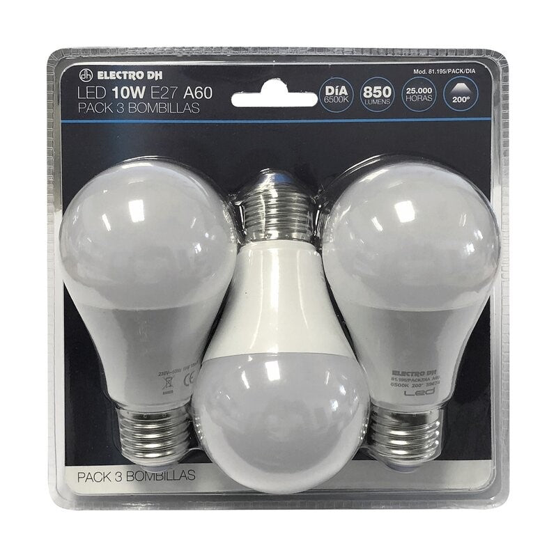 Pack 3 Bombillas LED Luz Día A60 E27 | 10W | 6500K | 900 lm | 230V