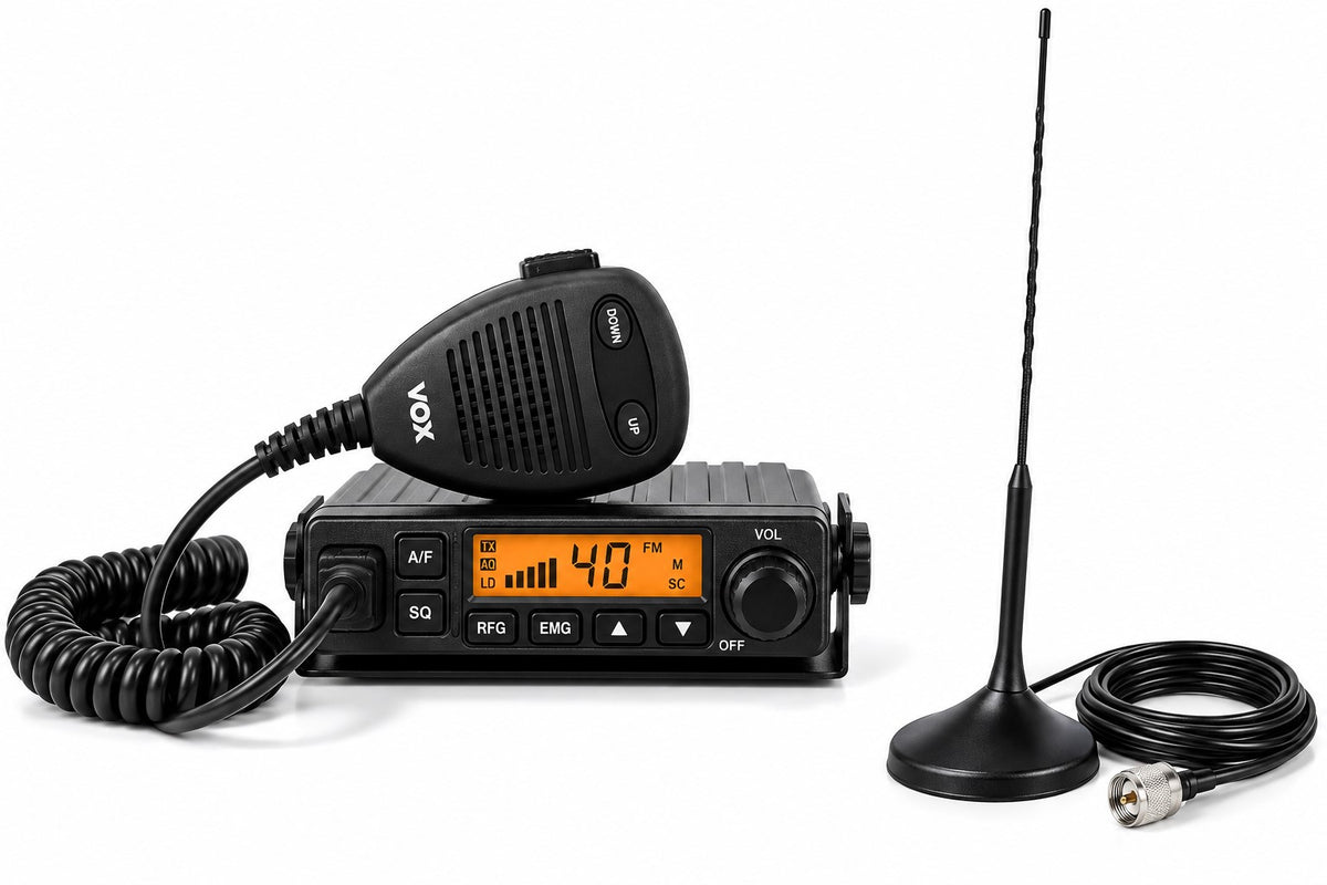 Emisora CB 27 MHz con Antena Magnética – 40 Canales AM/FM | Alimentación 12V