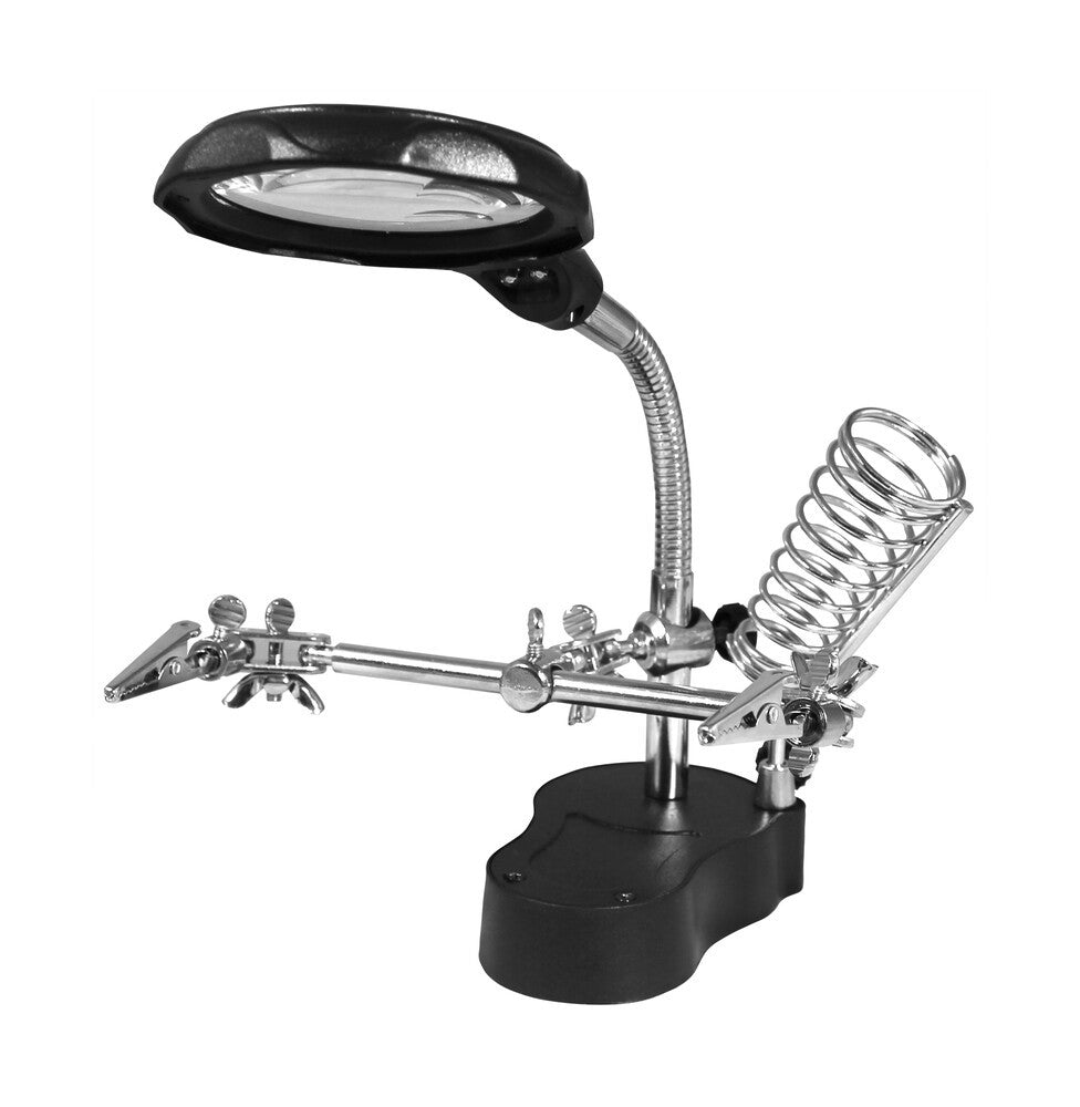 Soporte soldador con pinzas, lupa, led