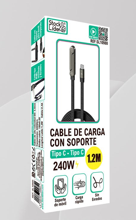 Cable de carga lateral, con soporte, Type C, 240W, carga rapida, moviles, ordenadores, Tablets, etc.