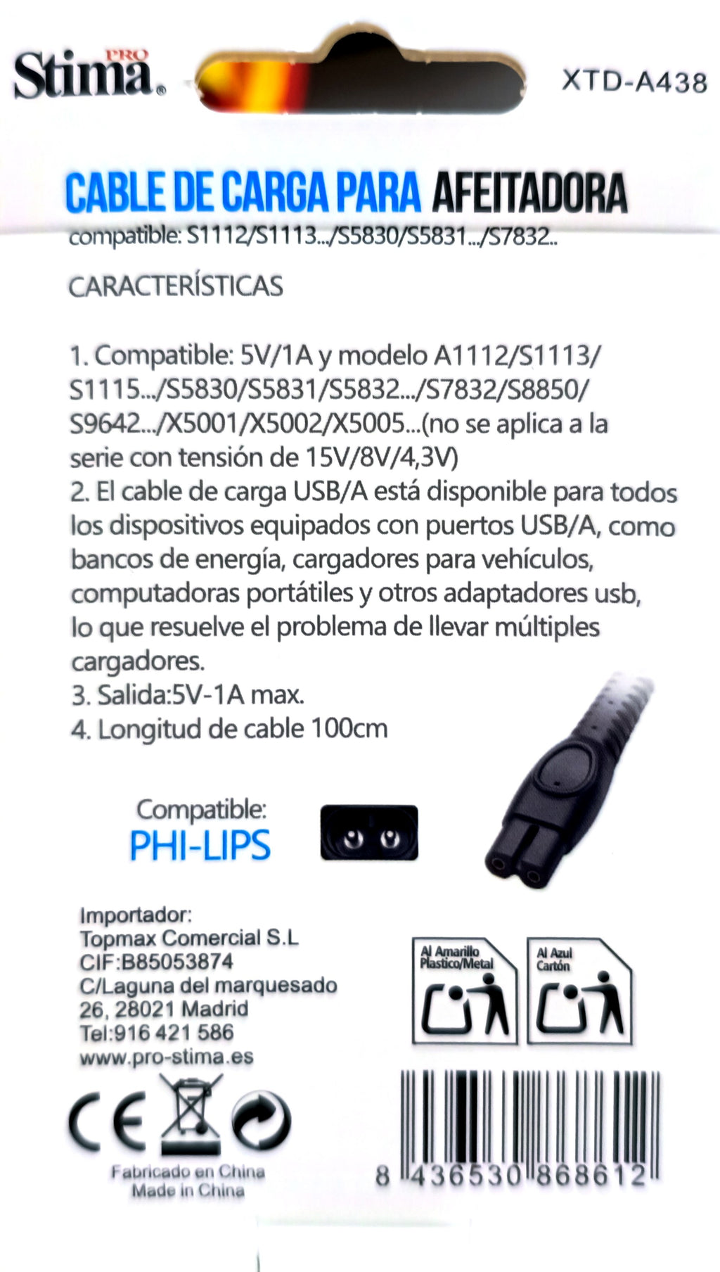 Cable para Afeitadora 5V/1A XTD-A438 Compatible con Philips