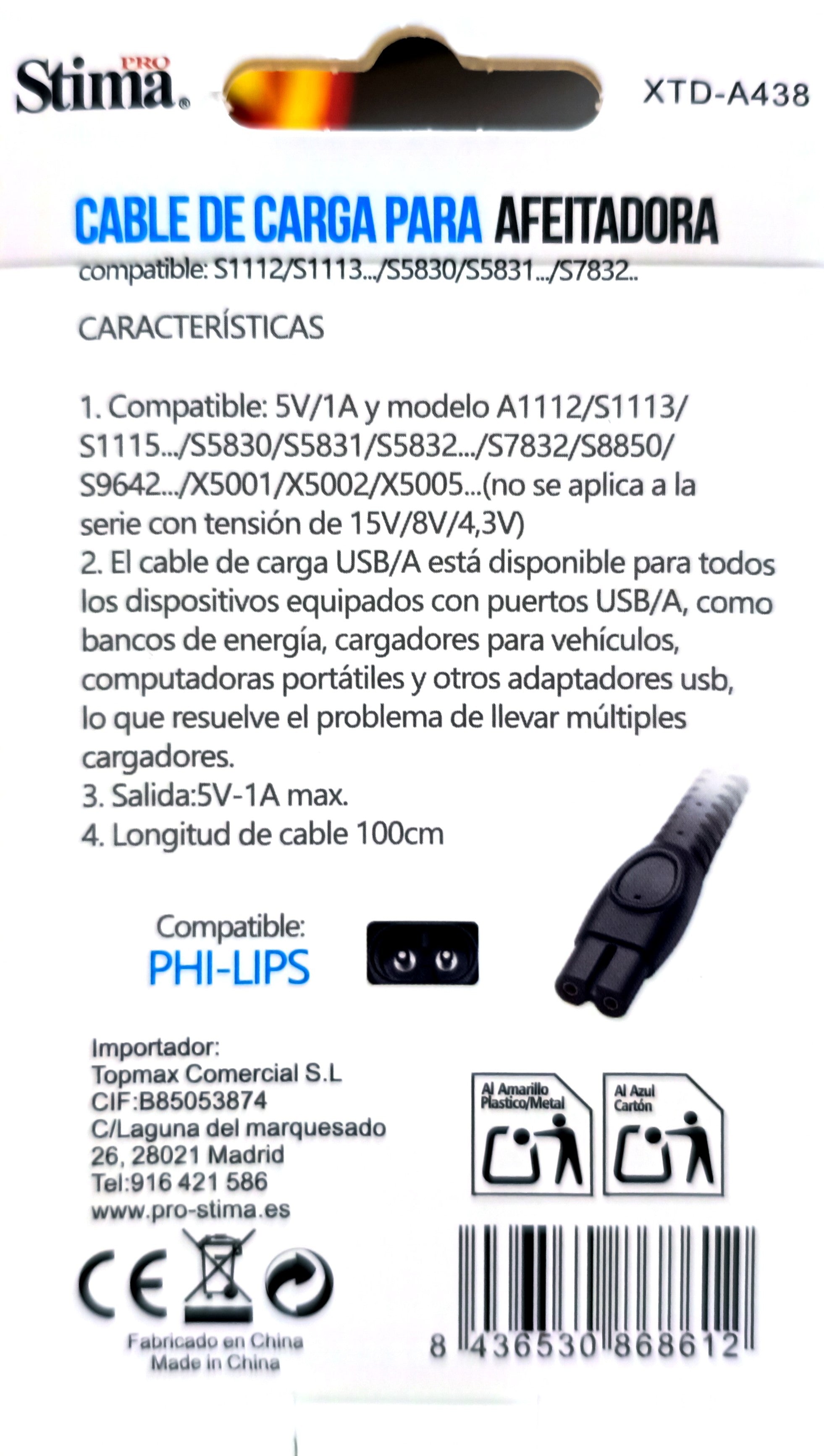 Cable para Afeitadora 5V/1A XTD-A438 Compatible con Philips